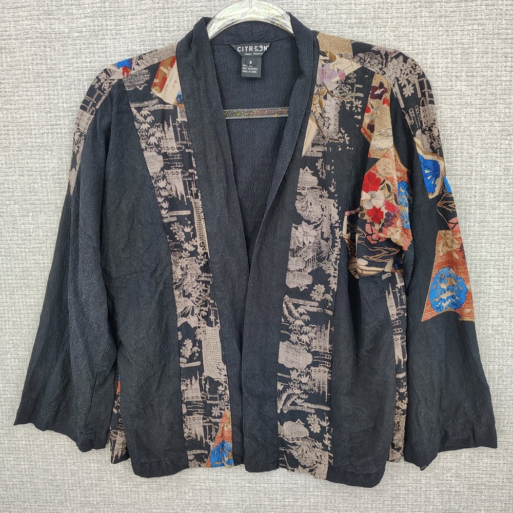 Citron Santa Monica Kimono Wrap Jacket Women Size S Silk Black Asian Print Boho